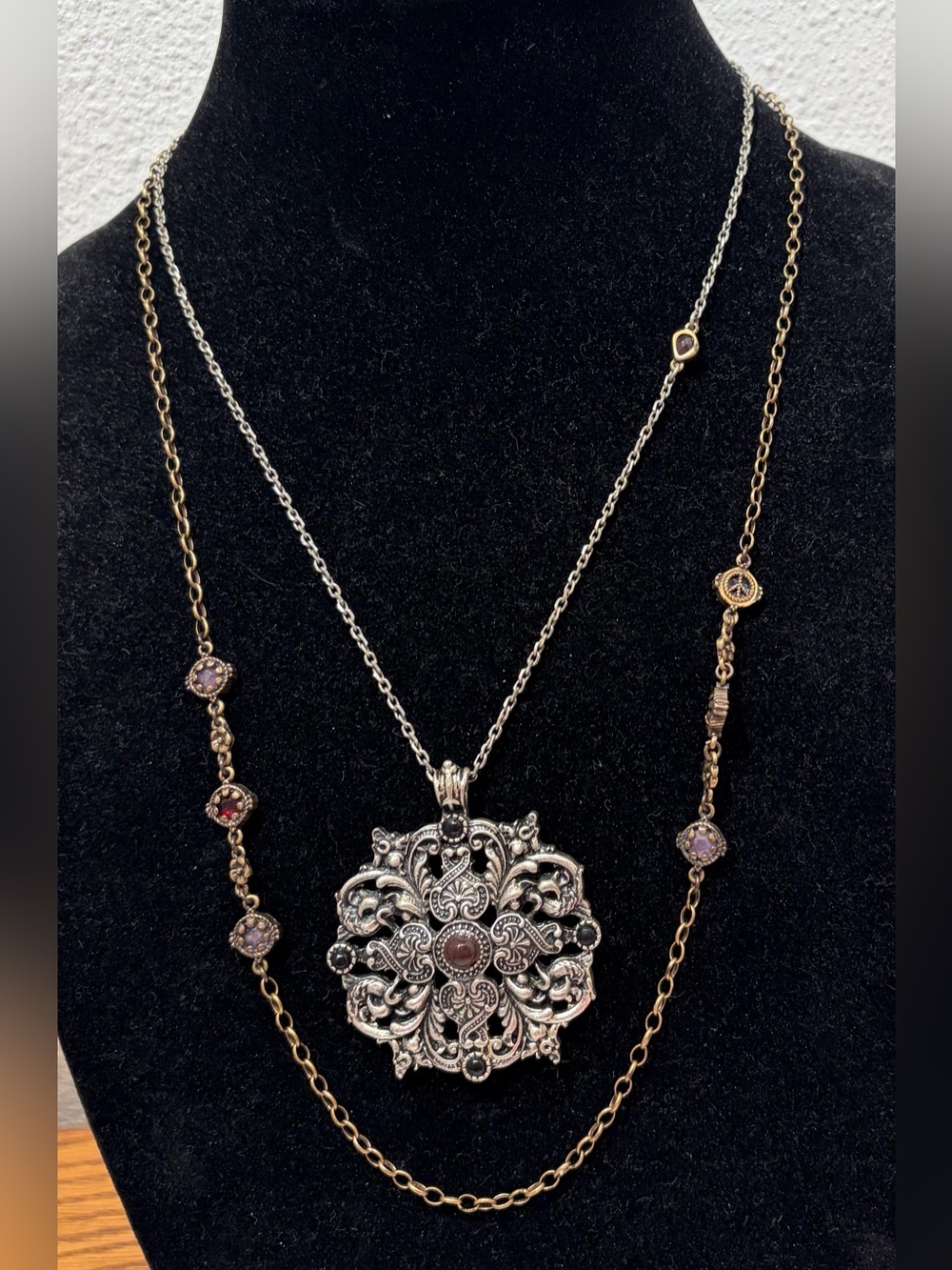 Lucky Brand Intricate Silver-Tone Filigree Pendant Necklace with Garnet Accents